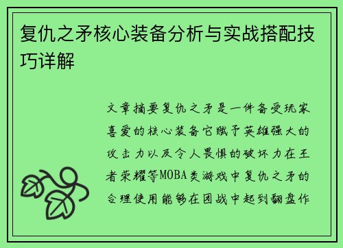 复仇之矛核心装备分析与实战搭配技巧详解